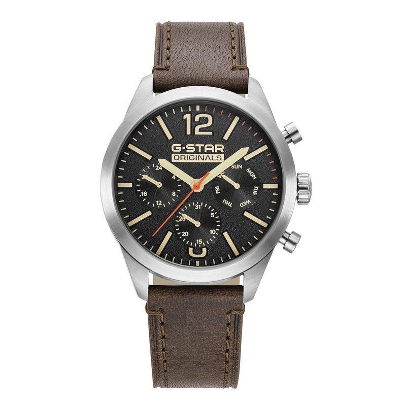 G-STAR Originals Zilverkleurig Stalen Herenhorloge met Bruine Leren Band GSW.504.01-zoom-