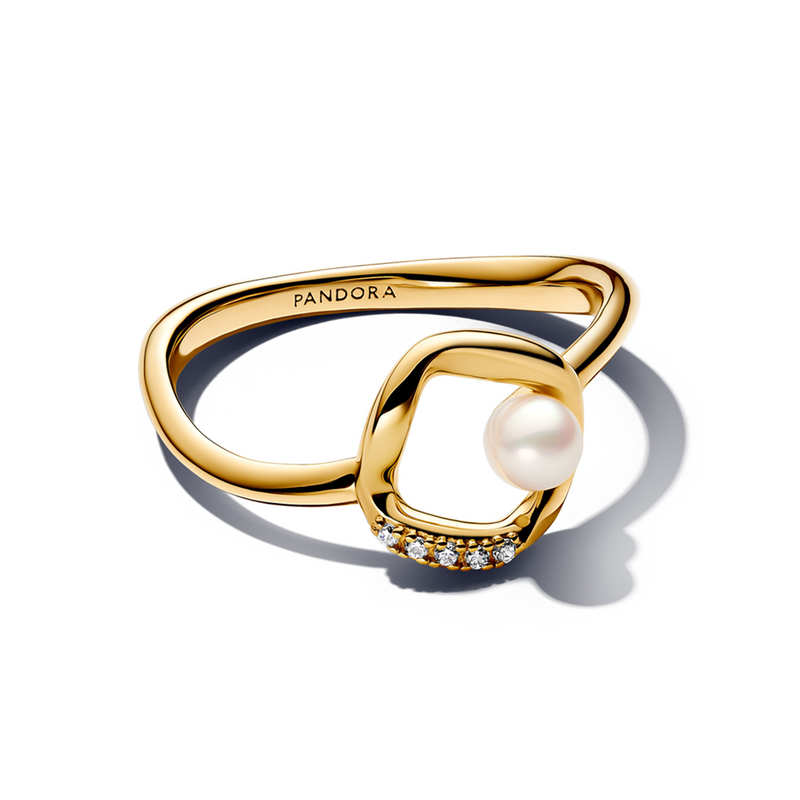 Pandora Essence Gold Plated Organically Shaped Pavé Circle & Treated Freshwater Cultured Pearl Ring 163831C01-52-zoom-