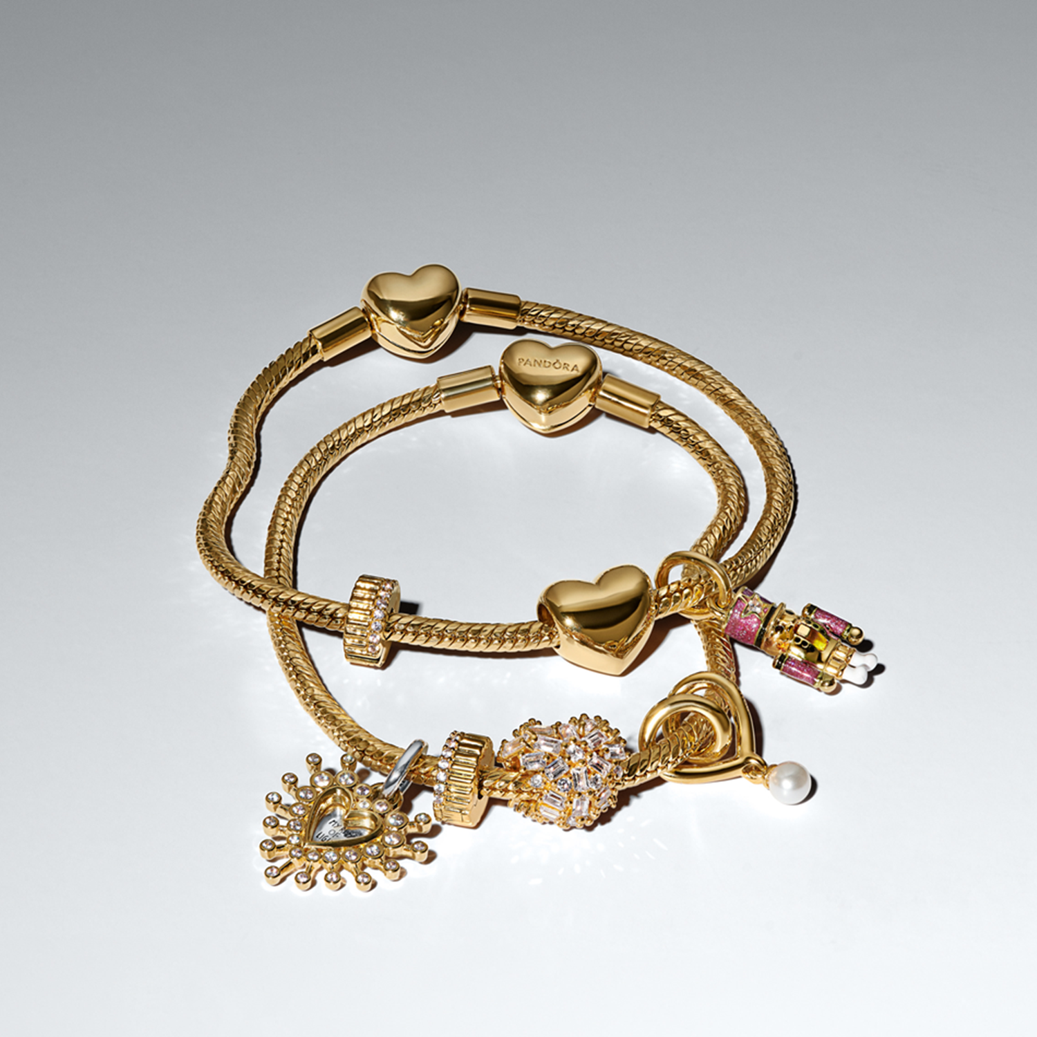 Pandora Moments Gold Plated Heart Clasp Faceted Snake Chain Bracelet 564236C00-17