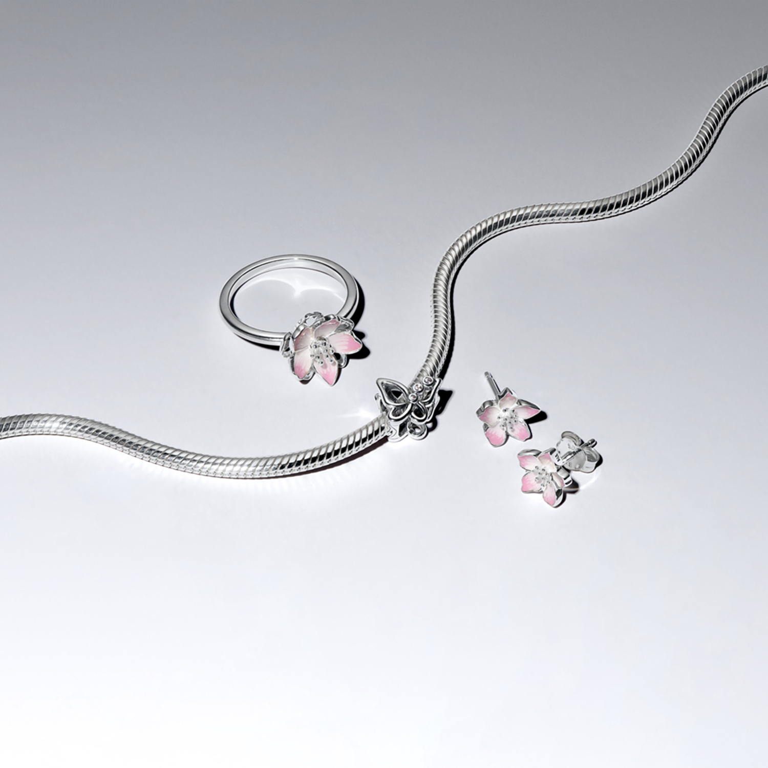 Pandora Moments 925 Sterling Silver Enamel Pink Cherry Blossom Stud Earrings 294370C01