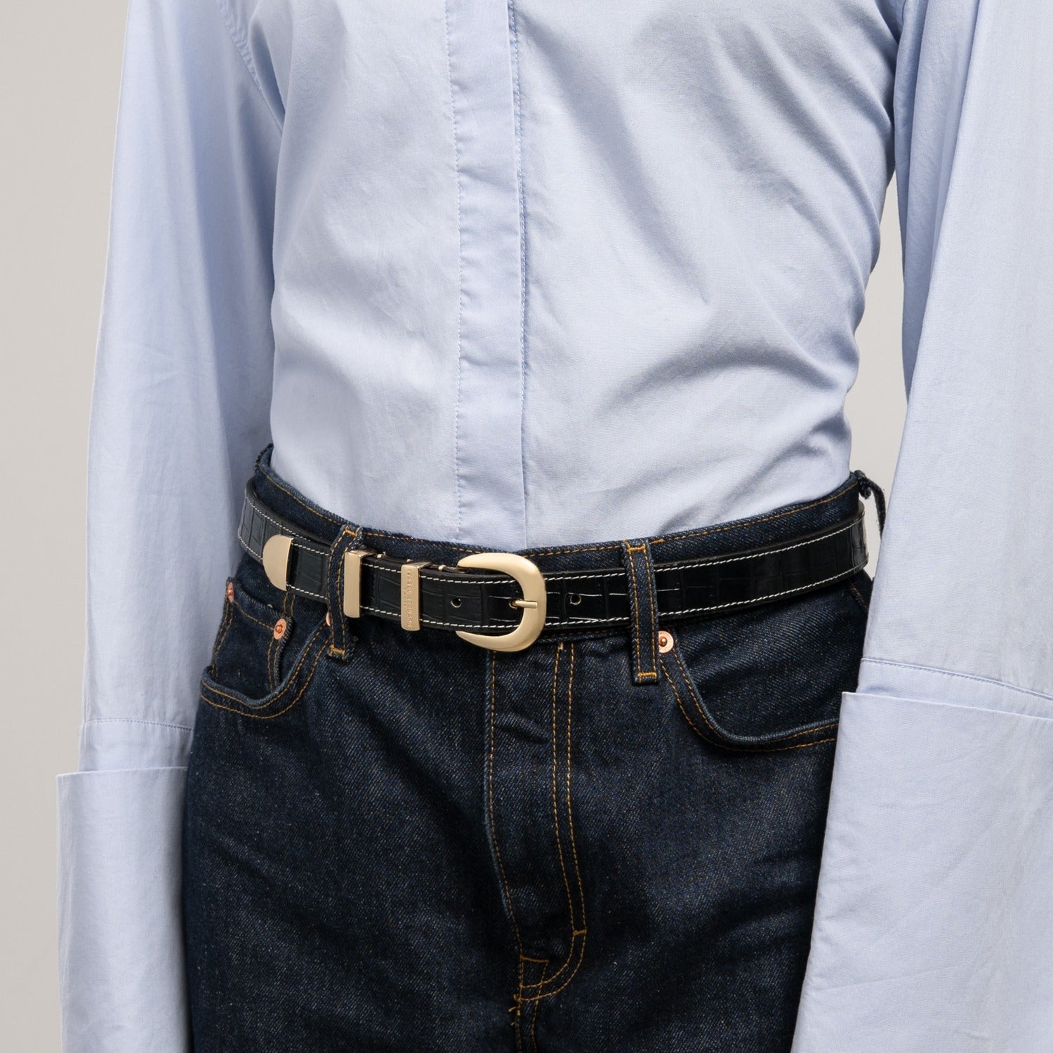 Isabel Bernard Rêveur Mathilde Croco Black calfskin belt with gold-coloured buckle IB60020-201-80