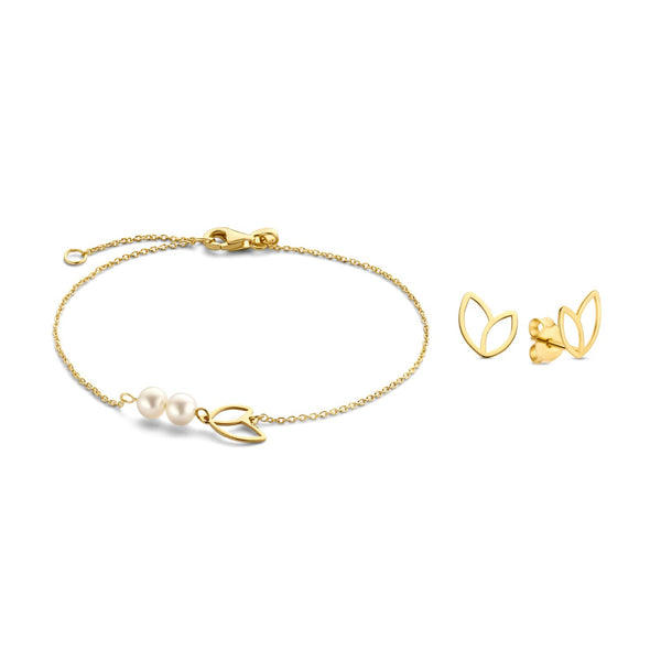 Isabel Bernard Cadeau d'Isabel 14 karaat gouden armband en oorknopjes giftset met zoetwaterparels IB90185