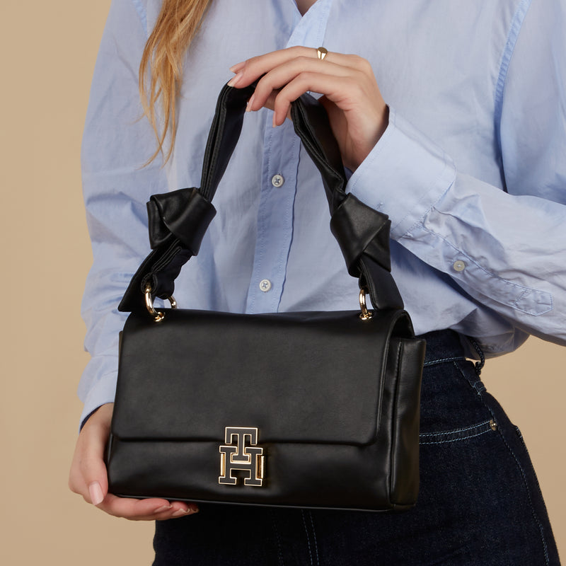 Tommy Hilfiger Pushlock Black Leather Handbag AW0AW15685BDS-zoom-