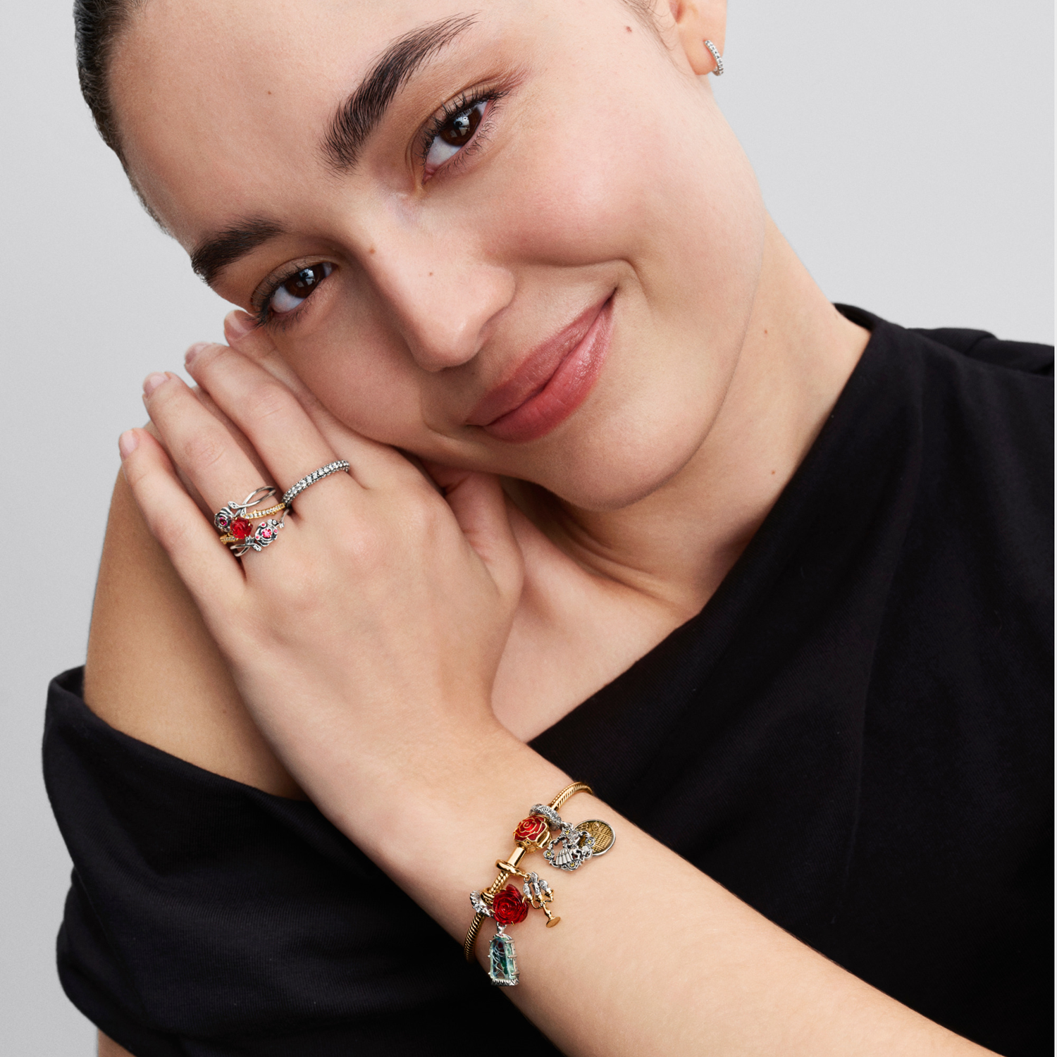 Pandora Collabs Gold Plated Disney Beauty and The Beast Rose Ring 163984C01-54