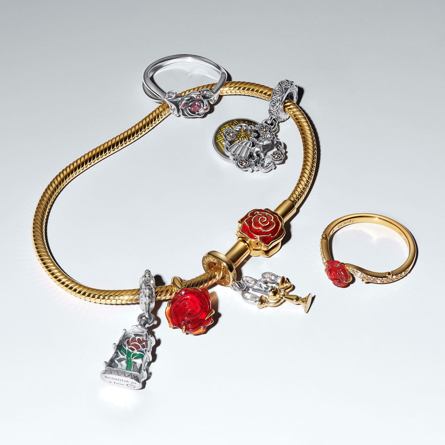 Pandora Collabs Gold Plated Disney Beauty and The Beast Rose Ring 163984C01-54