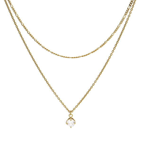 Karma 925 Sterling Silver Figaro Single Zirconia Double Necklace T279GP