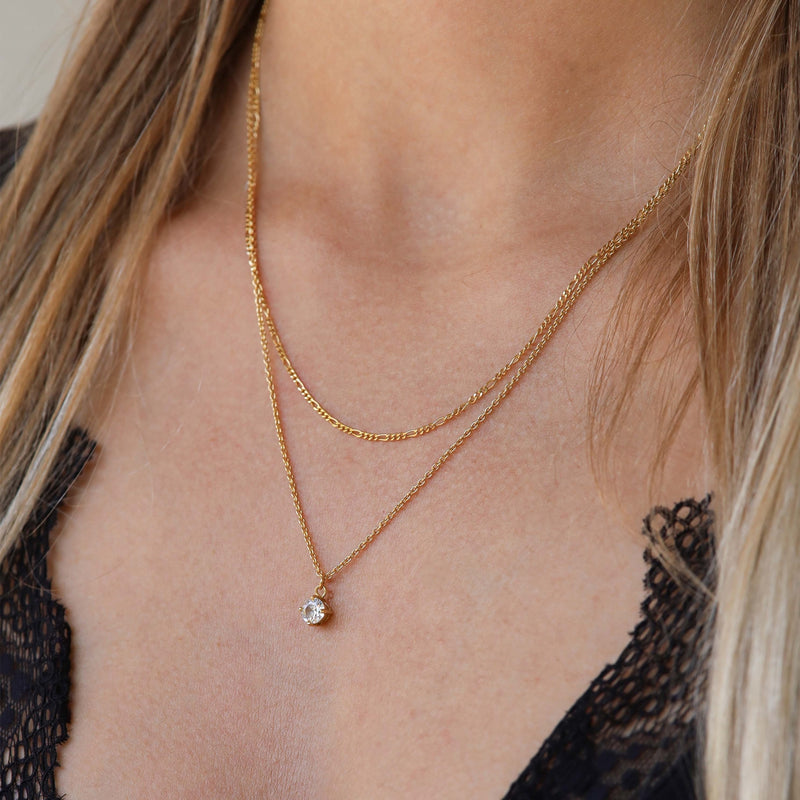 Karma 925 Sterling Silver Figaro Single Zirconia Double Necklace T279GP-zoom-