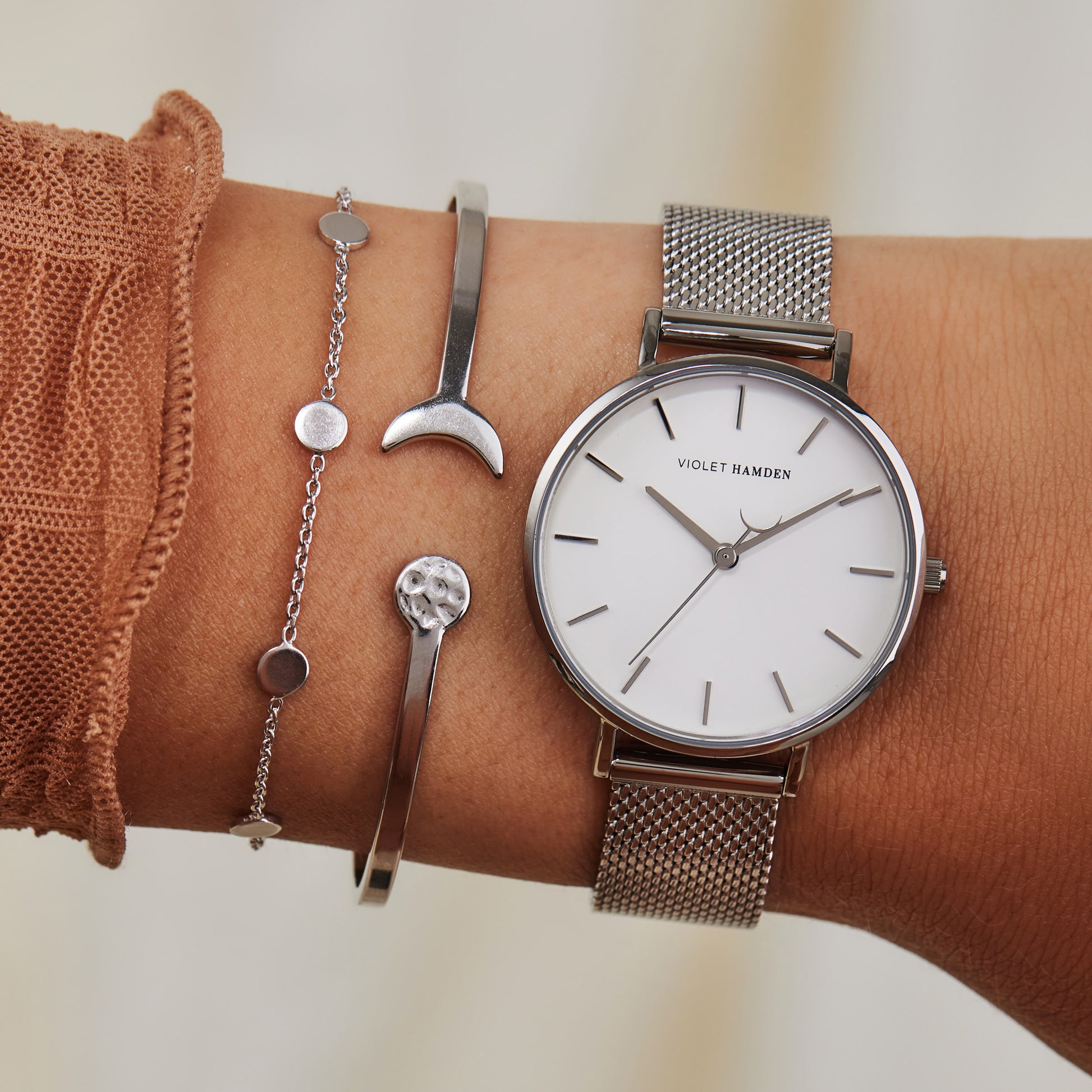 Violet Hamden Day & Night Rond Women'sWatch Silver-coloured and White VH08001