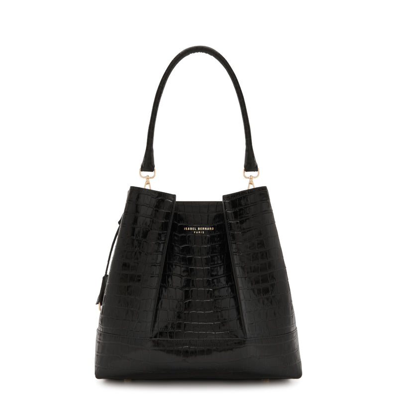 Isabel Bernard Femme Forte Macie Croco Zwarte Leren Schoudertas van Kalfsleer IB25074-201-zoom-