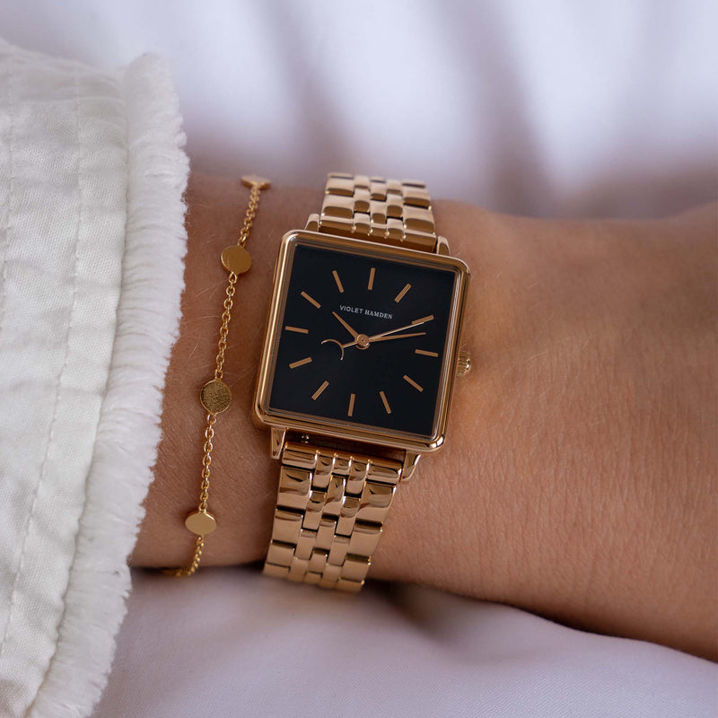 Violet Hamden Dawn Base Vierkante Dameshorloge Goudkleurig en Zwart VH09025-zoom-
