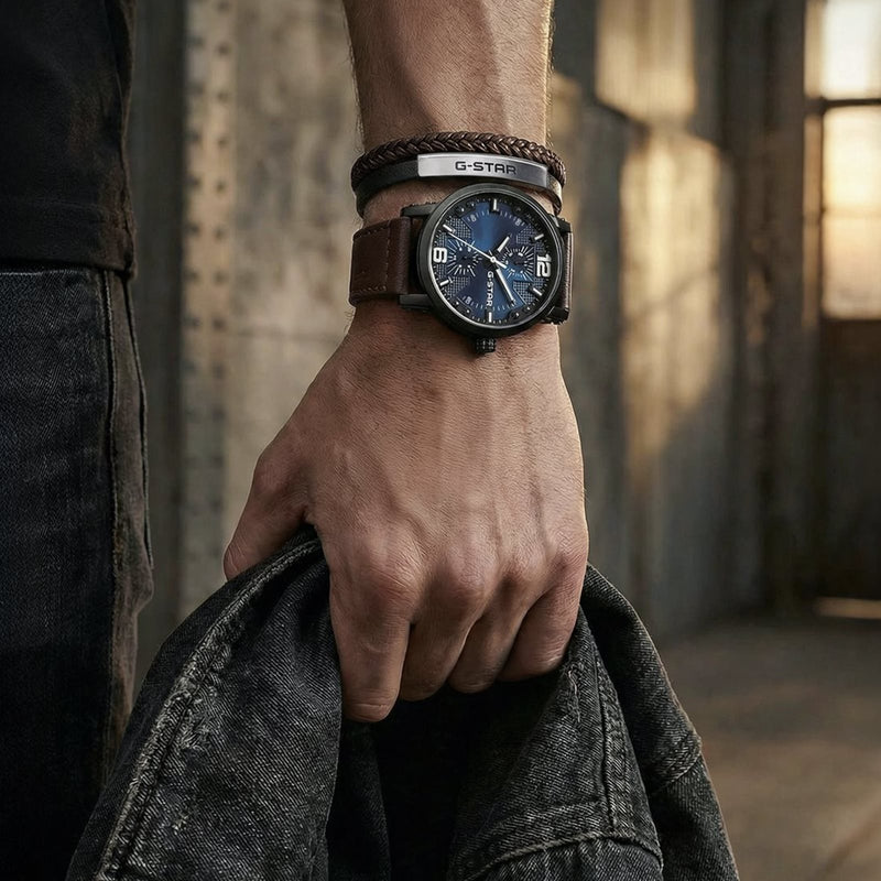 G-Star Tether02P Zilveren en Zwart Lederen Armband GSJ.109.02-zoom-