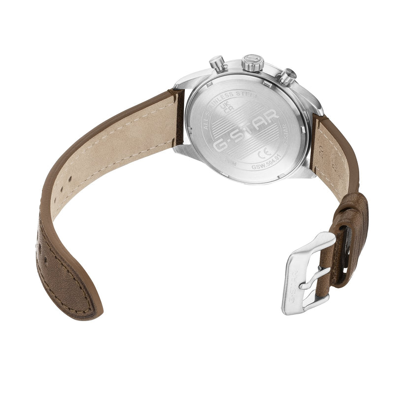 G-STAR Originals Zilverkleurig Stalen Herenhorloge met Bruine Leren Band GSW.504.01-zoom-