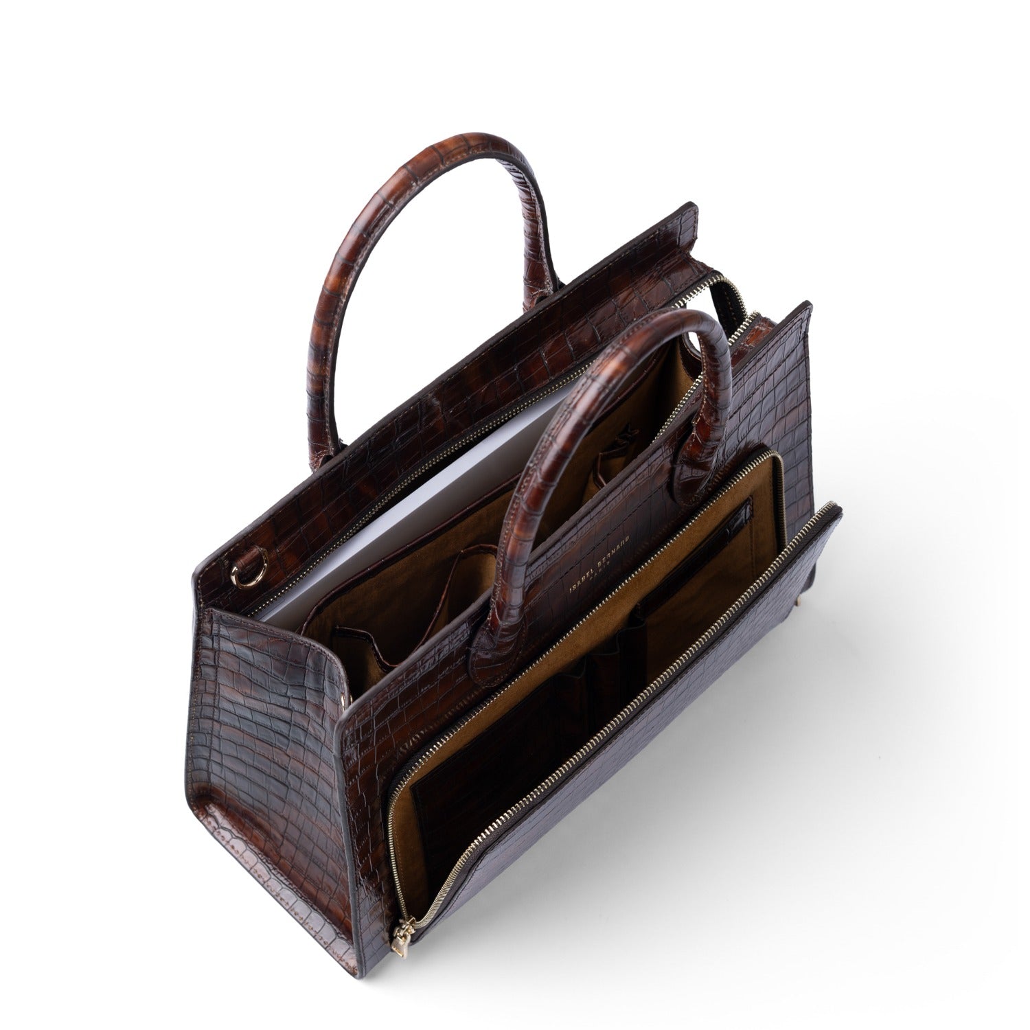 Isabel Bernard Honoré Nadine croco brown calfskin leather handbag with 13 inch laptop compartment IB25110-230-13
