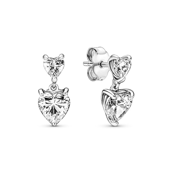 Pandora Timeless 925 Sterling Silver Double Heart Sparkling Drop earrings 291199C01
