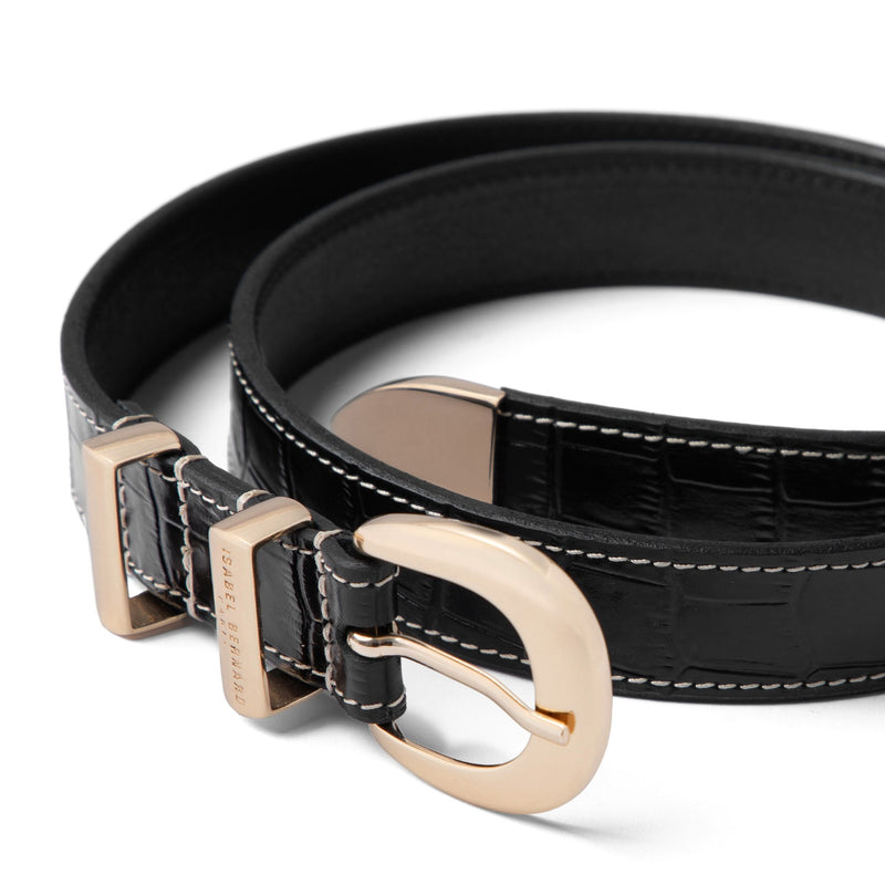 Isabel Bernard Rêveur Mathilde Croco Zwarte kalfsleren riem met goud-kleurige gesp IB60020-201-80-zoom-
