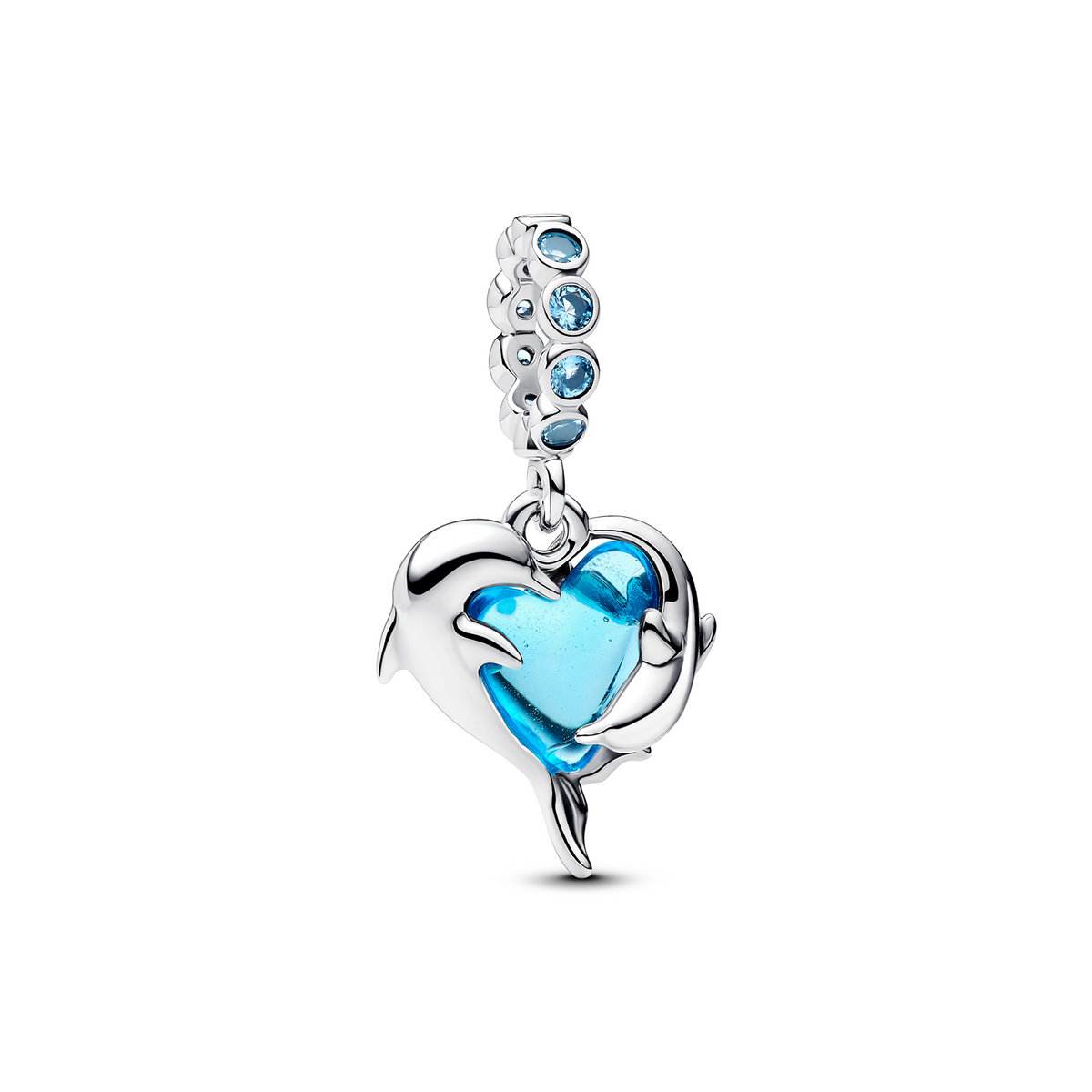 Pandora Moments 925 Sterling Silver Blue Murano Glass Dolphins Dangle Charm 793924C01