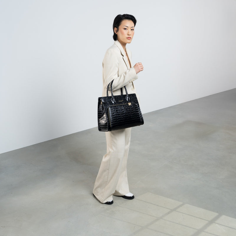 Isabel Bernard Honoré Nadine croco zwarte kalfsleren handtas met 13 inch laptopvak IB25110-201-13-zoom-