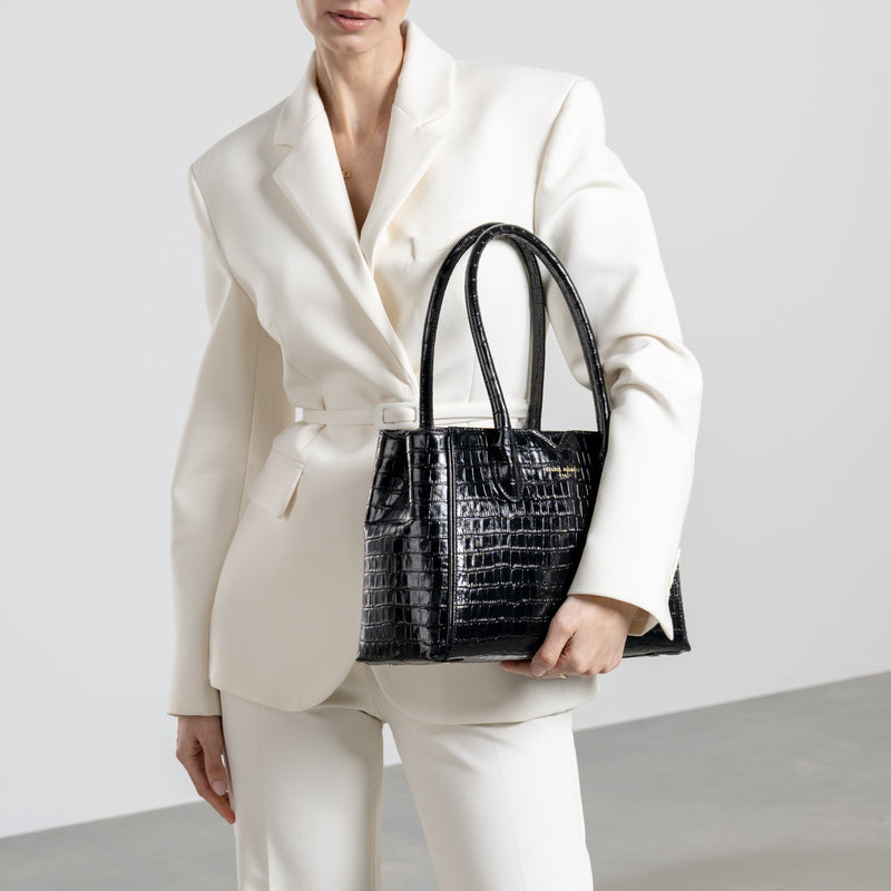 Isabel Bernard Honoré Cloe Midi Croco Zwarte Kalfsleren Handtas IB25082-201-zoom-