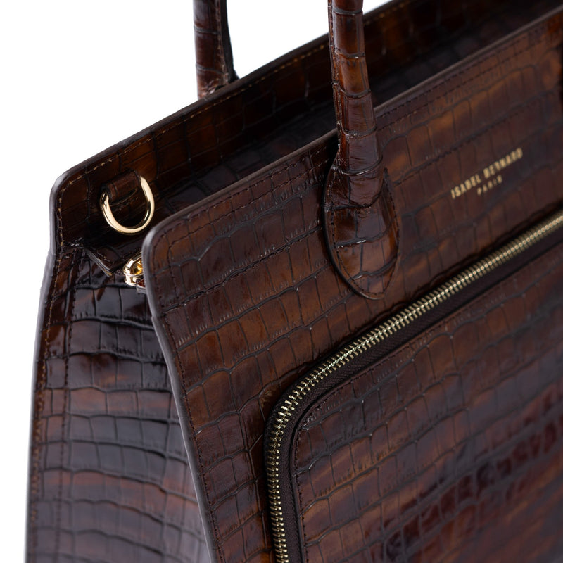 Isabel Bernard Honoré Nadine croco bruine kalfsleren handtas met 13 inch laptopvak IB25110-230-13-zoom-