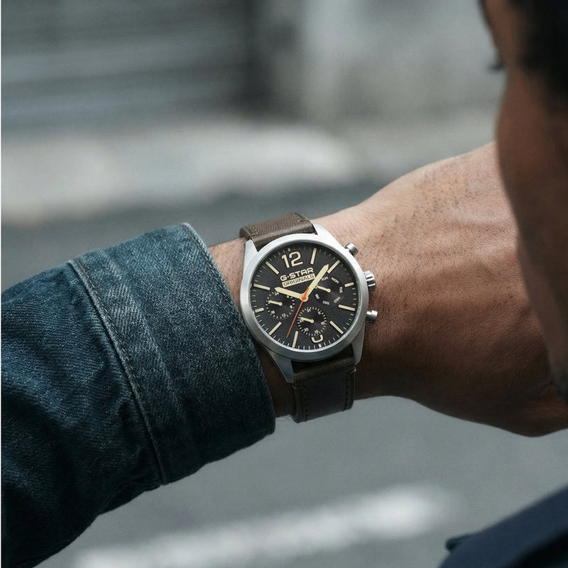 G-STAR Originals Zilverkleurig Stalen Herenhorloge met Bruine Leren Band GSW.504.01-zoom-